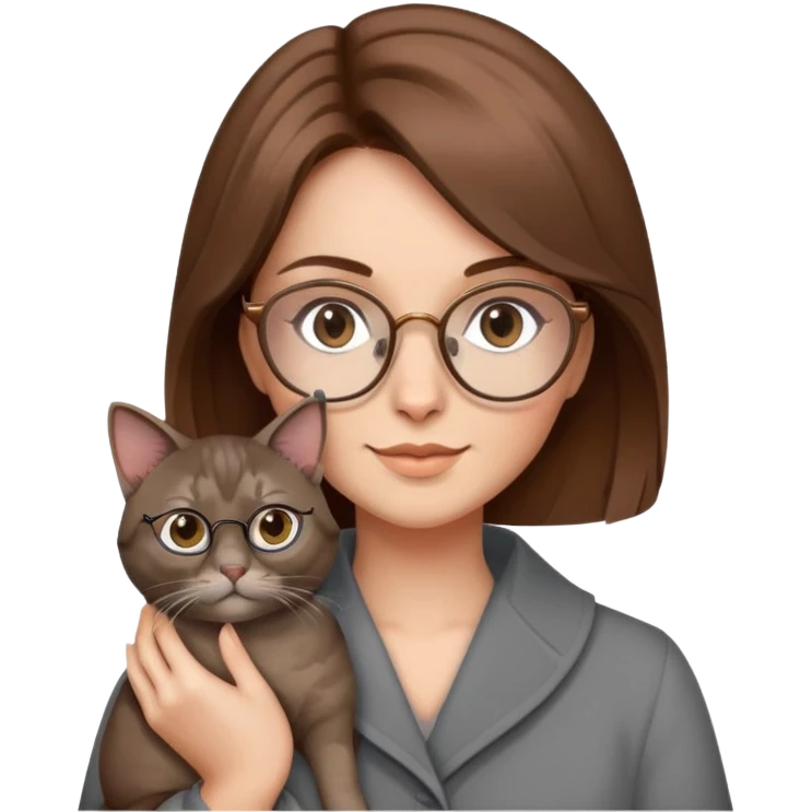 Donna con i capelli marroni e gli occhiali ottagonali bronzo che tiene in braccio un gatto grigio  emoji