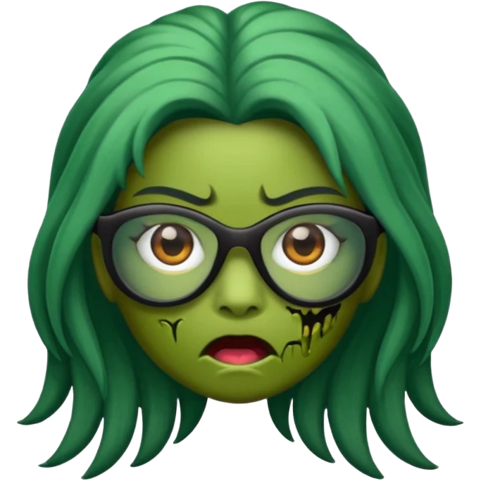 crie um emoji de zumbi feminino, com pele verde, óculos preto e cabelo longo preto emoji