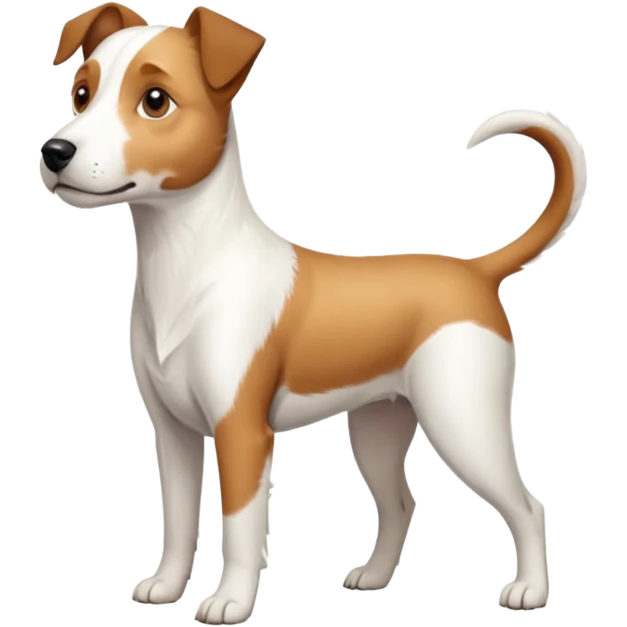 a full body large white parson russell terrier looking dog the size of a kelpie with light brown long ears and a light brown patch on one eye and a large snout emoji