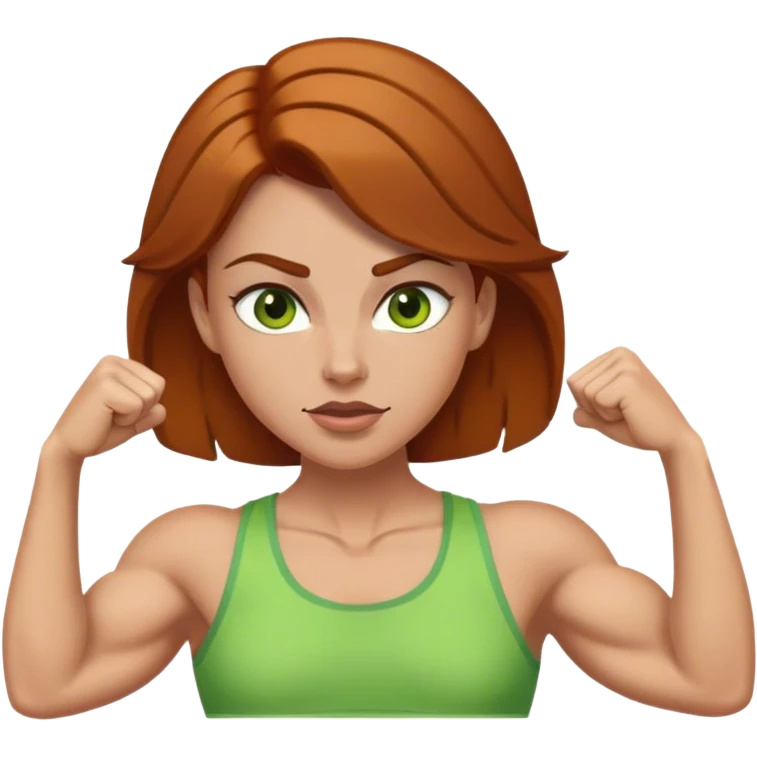 make a white girl with brownish gingerish hair and dark brown eyebrows and green ish yellowish eyes and thin lips flexing her small muscles  emoji