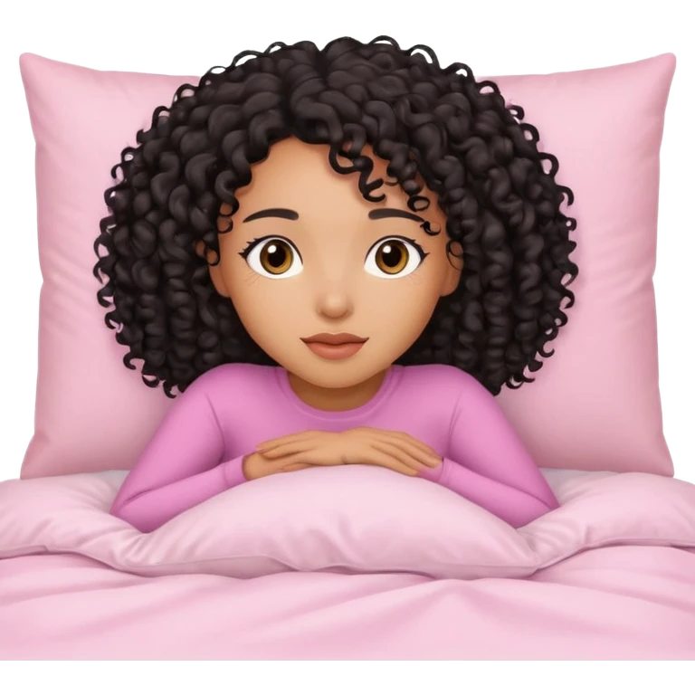 Mixed-race woman with caramel skin and black curly hair, lying on a white bed with pastel pink pillows, peaceful expression emoji