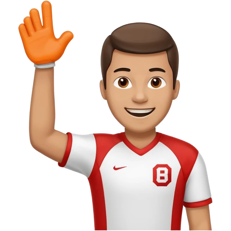 A cheerful man in a team jersey, waving a giant foam finger high with an excited grin. emoji