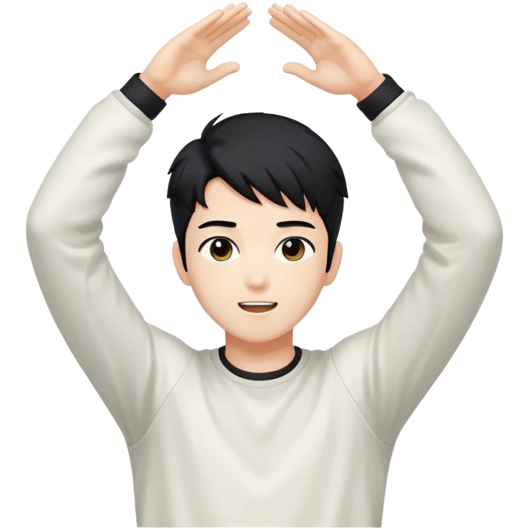 Black-haired male idol with arms raised above his head, K-pop style, energetic pose emoji