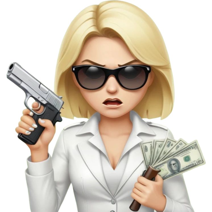 Mafia blondes angry woman in sunglasses, gun ,money , white costume  emoji
