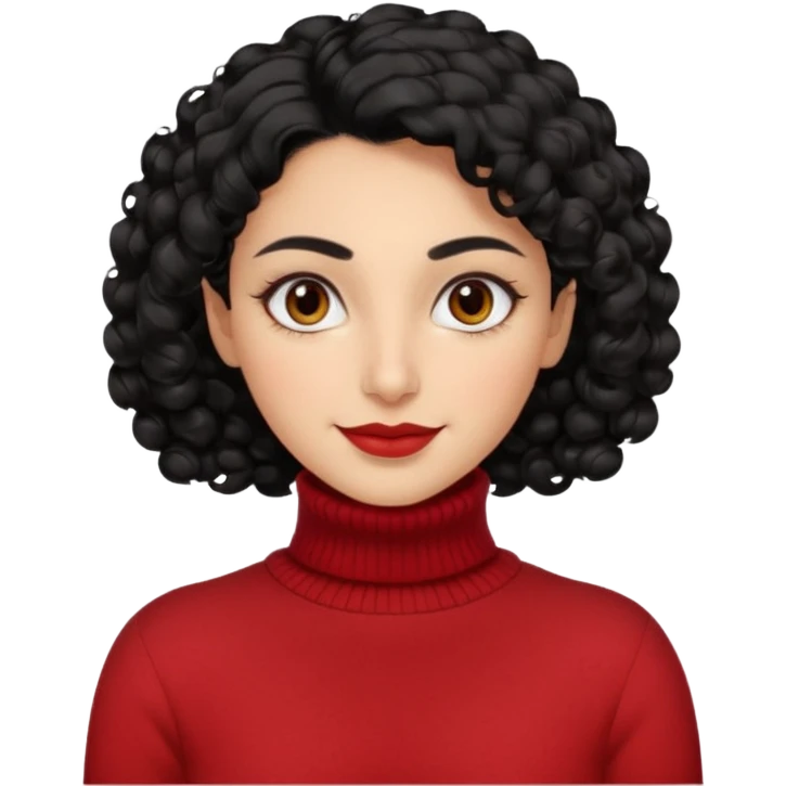 30 yr iranian woman black hair curly wavy short hair, red turtle neck sweater, very thick eyebrows, light skin, dark brown eyes, small smile emoji