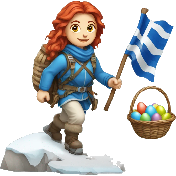 Greek Female winter mountaineer red hair white skin climbing with Greek Flag and Easter eggs basket emoji