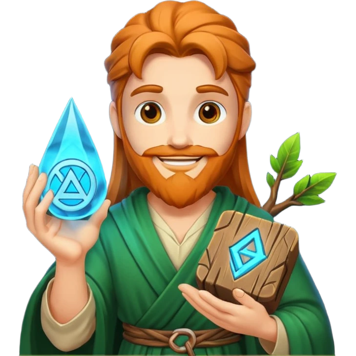 druid character satisfied smile holding glowing rune emoji