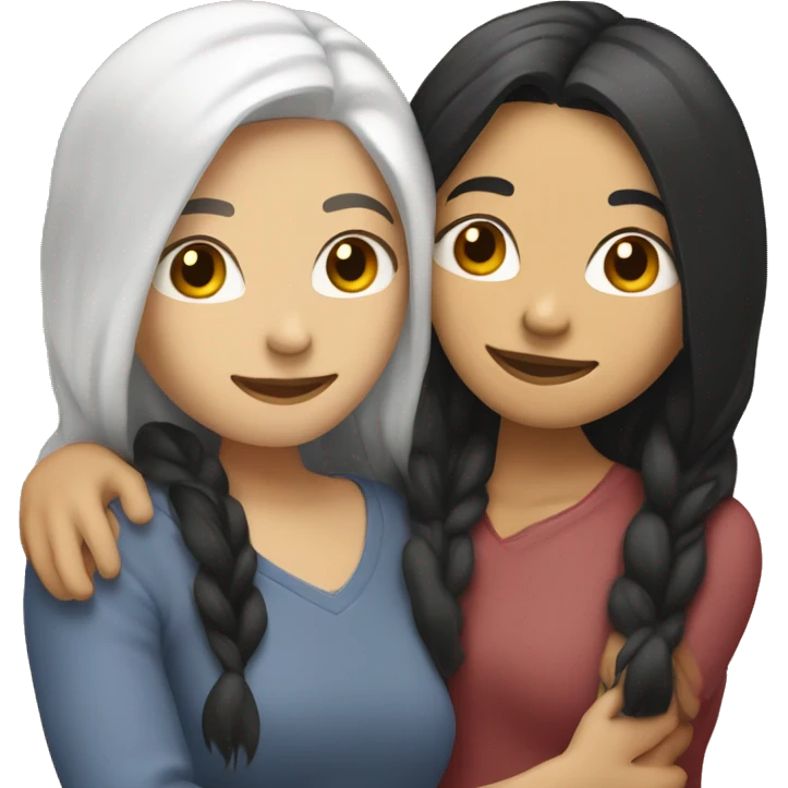 A lesbian couple who both have white skin and long black hair are hugging intimately. emoji
