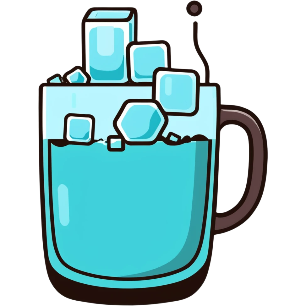 mug with steam and ice cubes, showing hot but cold emoji
