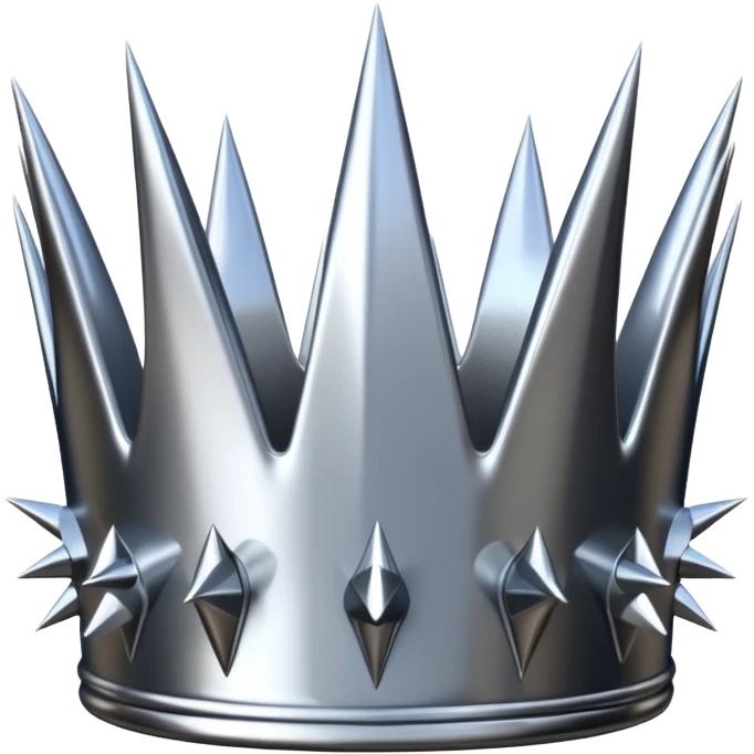 A spiked crown emoji made of silver chrome, sharp yet rounded metallic ...
