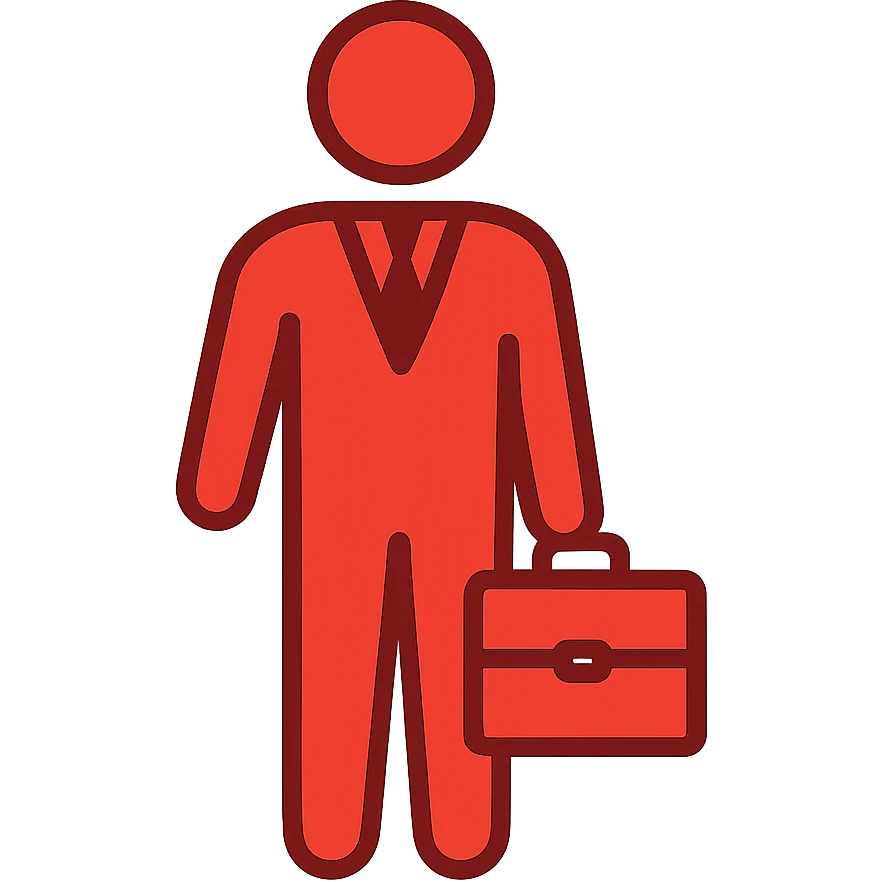 Minimalist red CEO business person icon with briefcase. All lines in red color only, no black outlines. Professional silhouette representing leadership. emoji
