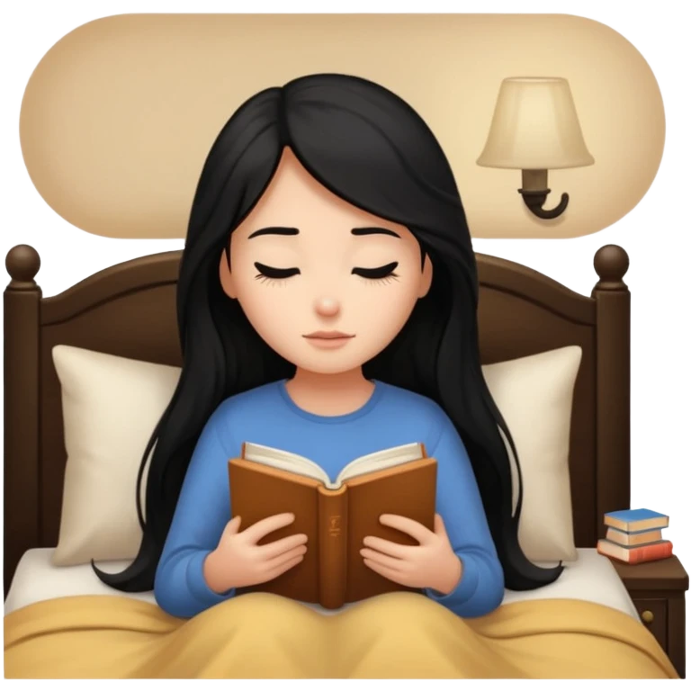 Girl black long hair reading book sleepy bed emoji