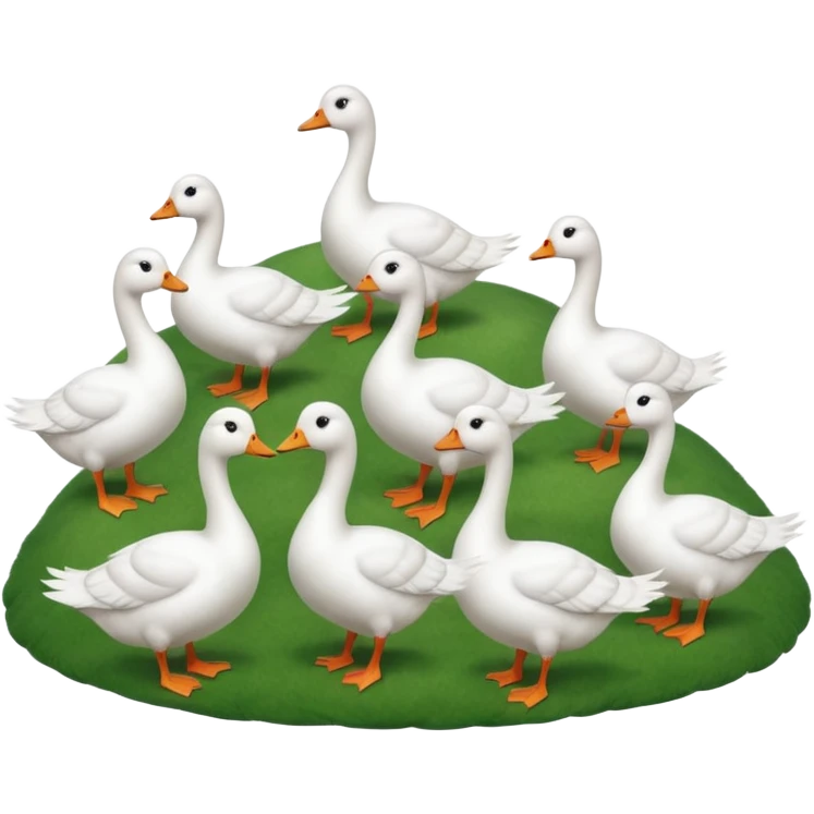 9 white geese standing on a green hill, front view, foggy, all looking in different directions, one is on the top  emoji