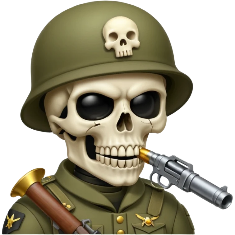 Una calavera 💀 soldado 🪖 mordiendo una bala en su boca con fondo verde  emoji