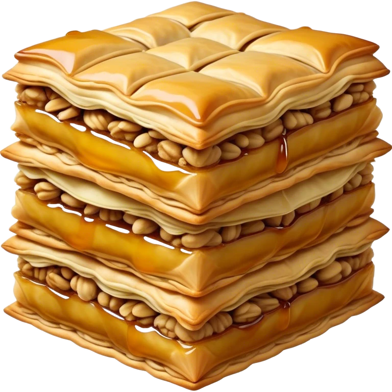 Cinematic Realistic Baklava Dessert Emoji, depicted as layers of flaky pastry with honey and nuts rendered with rich textures and warm, inviting lighting. emoji