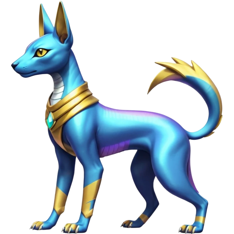 Modern futuristic shiny colorful Anubis-Sphynx-Lombax-Zeraora-Renamon-fusion (full body) emoji