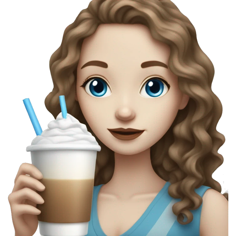 Pale skin girl with brown wavy hair and blue eyes drinking ice latte  emoji