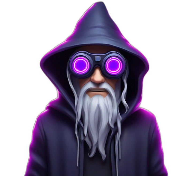 Gandalf wearing a black hoodie with "OMG" letters on it and VR headset in a cyberpunk VR environment with violet neon lighting. emoji