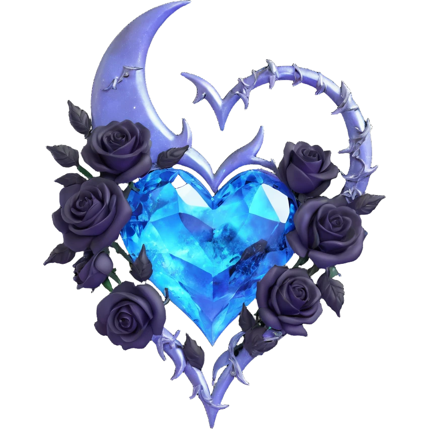 gothic heart made of crystal clear glass, silver crescent moon, black roses, holographic stardust, neon blue lightning, drenched and splintered glass emoji