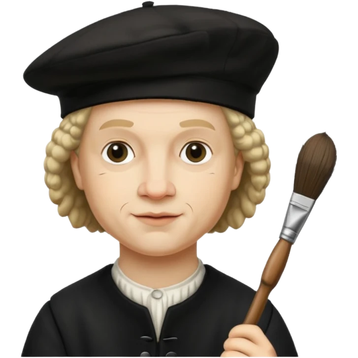 Rembrandt wear black berret hat, hold a brush emoji