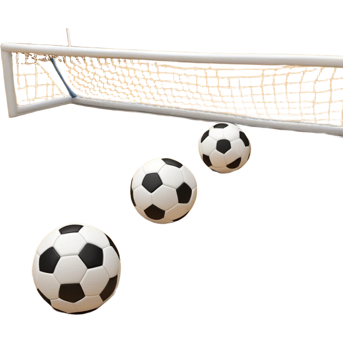 Close-up of mini-football (futsal) balls and goals, set on a wooden indoor court. The focus is on the details of the balls and goalposts, with the smooth wooden floor and court lines visible in the background, capturing the essence of indoor futsal. emoji
