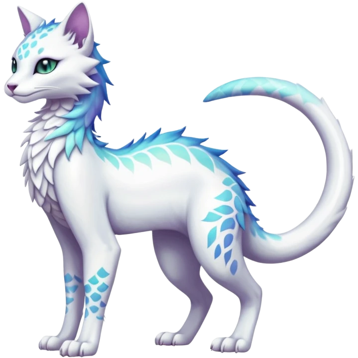 Kawaii white iridescent beautiful pretty elegant divine edgy fantasy feline-vernid-fionbri-sergal-fursona animal creature with a tufted tail full body with intricate markings  emoji