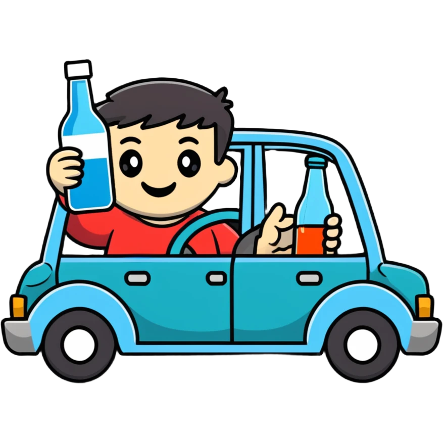 person in a car holding a bottle, showing the act of drinking and driving emoji