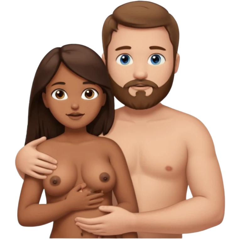 chubby white guy with brown hair and beard and blue eyes, holding a brown girl with long dark hair and dark brown eyes in arms, naked, showing tits emoji