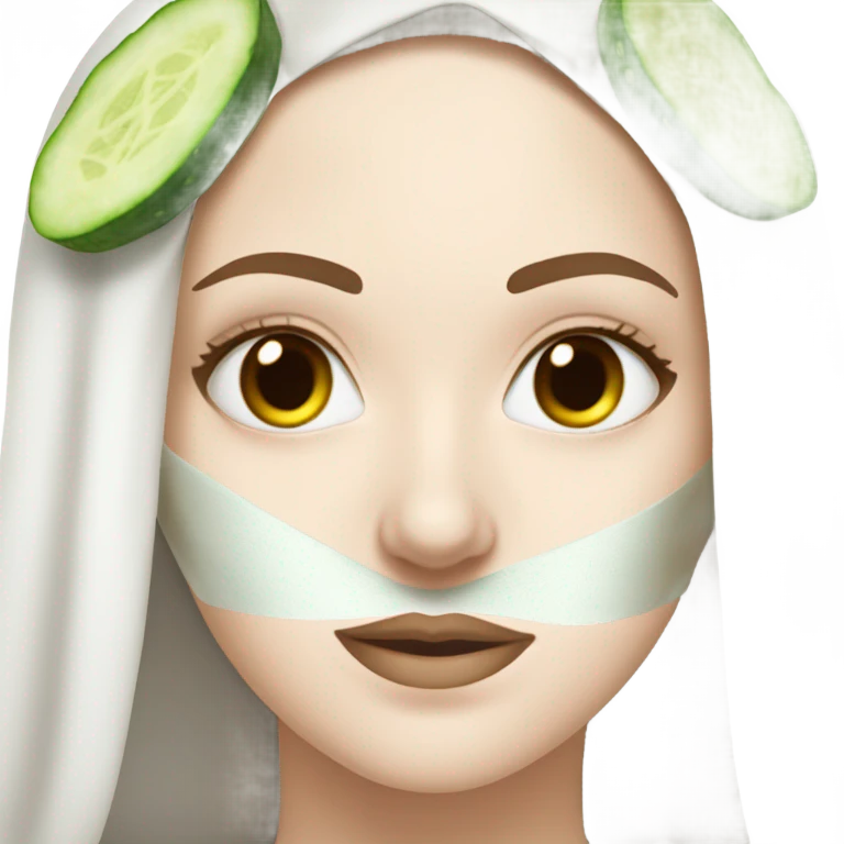 White girl with Brown hair and blue eyes wears a Green clay colored skincare textured mask and puts on cucumbers around her eyes while She relaxes in her white Robe emoji