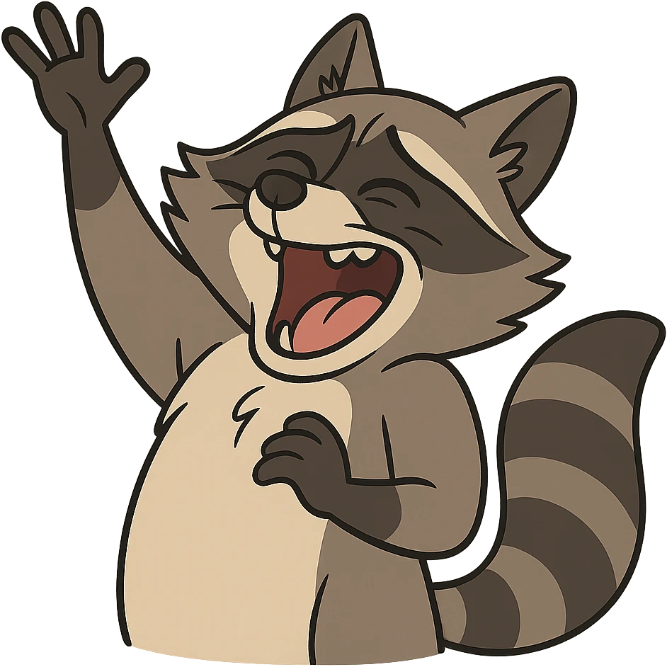 raccoon laughing hard, waving with one hand emoji