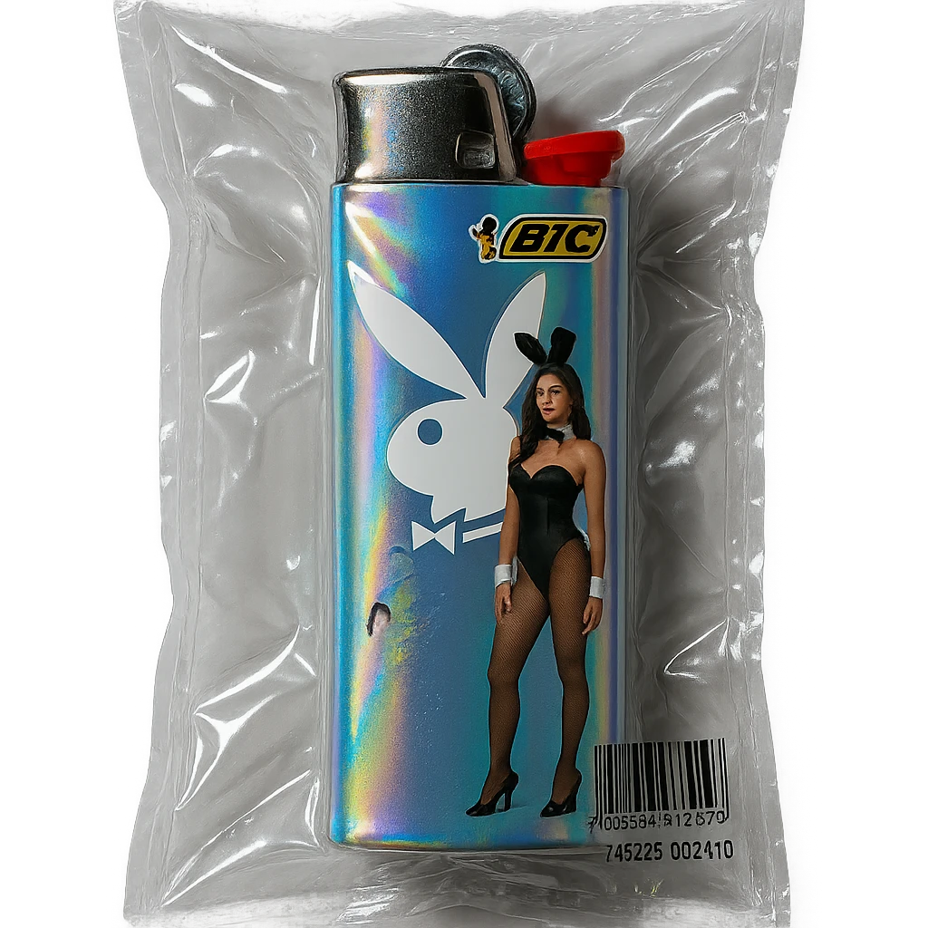 BIC lighter, shiny and inflated, with a holographic Playboy Bunny logo and a model in a black bunny suit emoji