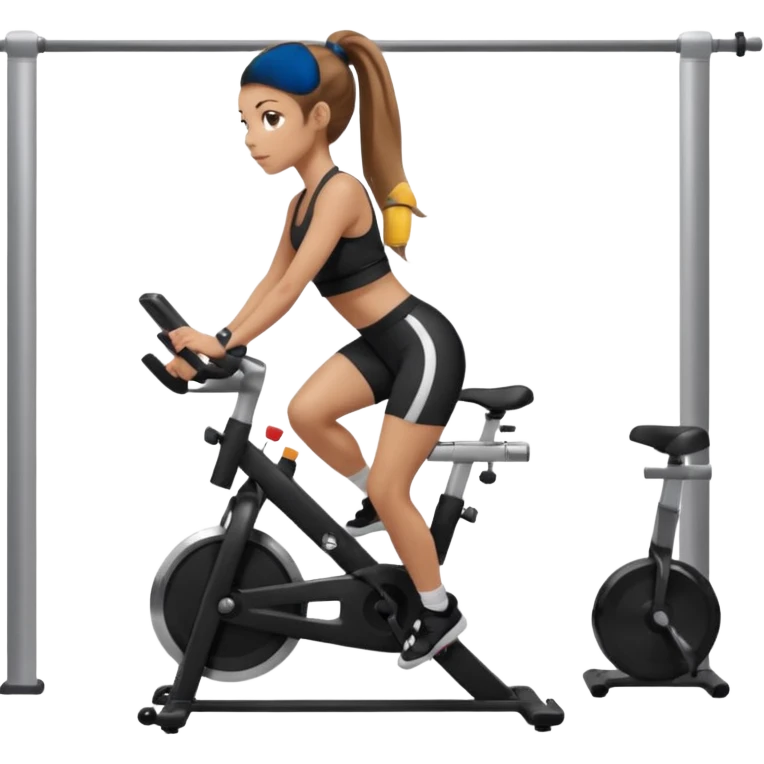 Light skin girl with long light brown hair in a pony tail, black workout set leaning on a indoor spin bike with NO HELMET,  emoji