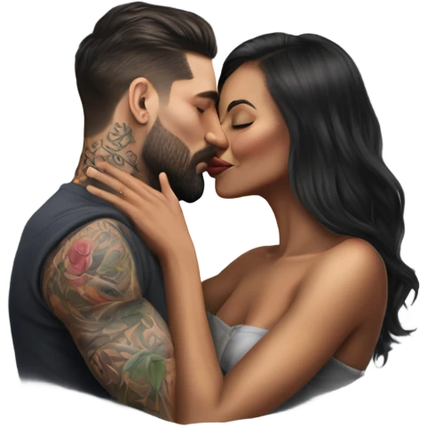Hyper Realistic beautiful woman in the arms of a very handsome tattooed man kissing  emoji