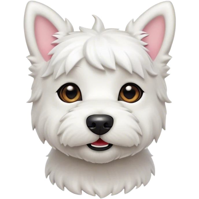 Cinematic Cute West Highland White Terrier Portrait Emoji, Head tilted playfully and inquisitively, featuring a fluffy, immaculate white coat with perky ears, round, sparkling dark eyes filled with curiosity, Simplified yet irresistibly adorable features, highly detailed, glowing with a warm, friendly glow, high shine, affectionate and lively, stylized with a touch of whimsy, bright and endearing, soft glowing outline, capturing the essence of a mischievous yet loving pup, so playful it feels like it could bound out of the screen and into your arms! emoji