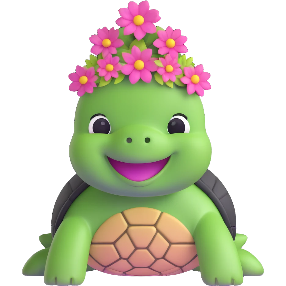 turtle with a pink flower crown, smiling emoji