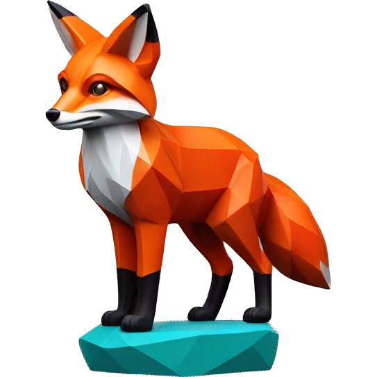 A red fox sculpture with a geometric, faceted design. The fox is standing upright with angular and disney features. The vibrant red color highlights the sharp edges and planes. emoji