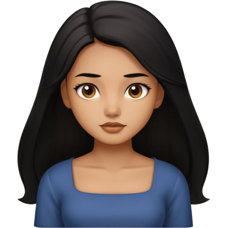 A deep skin girl (deep skin is caramel color not dark) with long black hair swept to the front and a square neckline shirt and brown eyes emoji