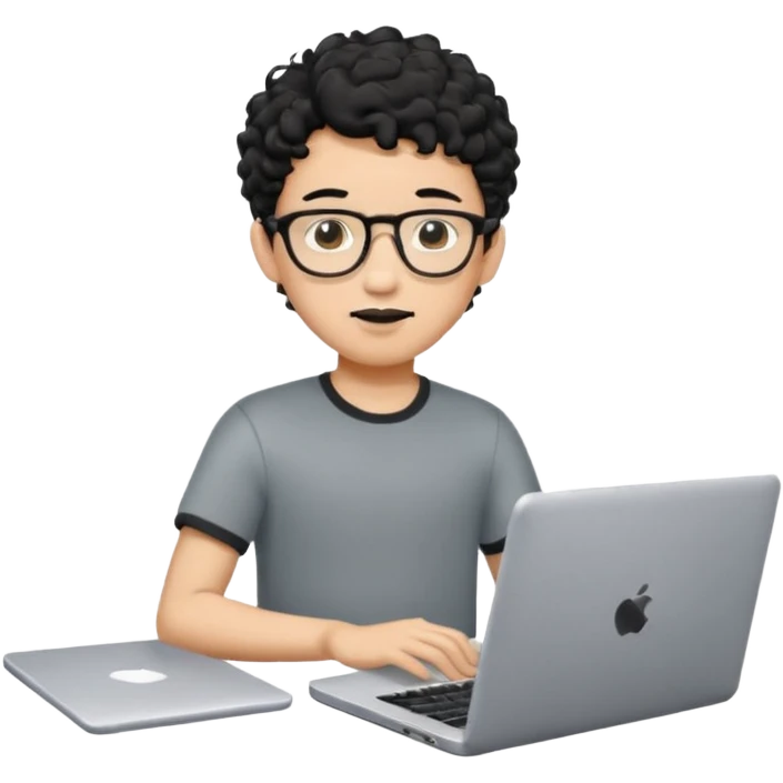 A young boy DEVELOPER WITH A laptop, black curly short hair, wearing glasses, a thin goatee, his skin is asian

Add the word "PIF" floating around home emoji