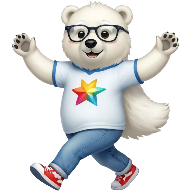 friendly anthropomorphised polar bear walking energetically, excited expression, wearing shirt, jeans, trainers, large multicolored star-shaped glasses emoji