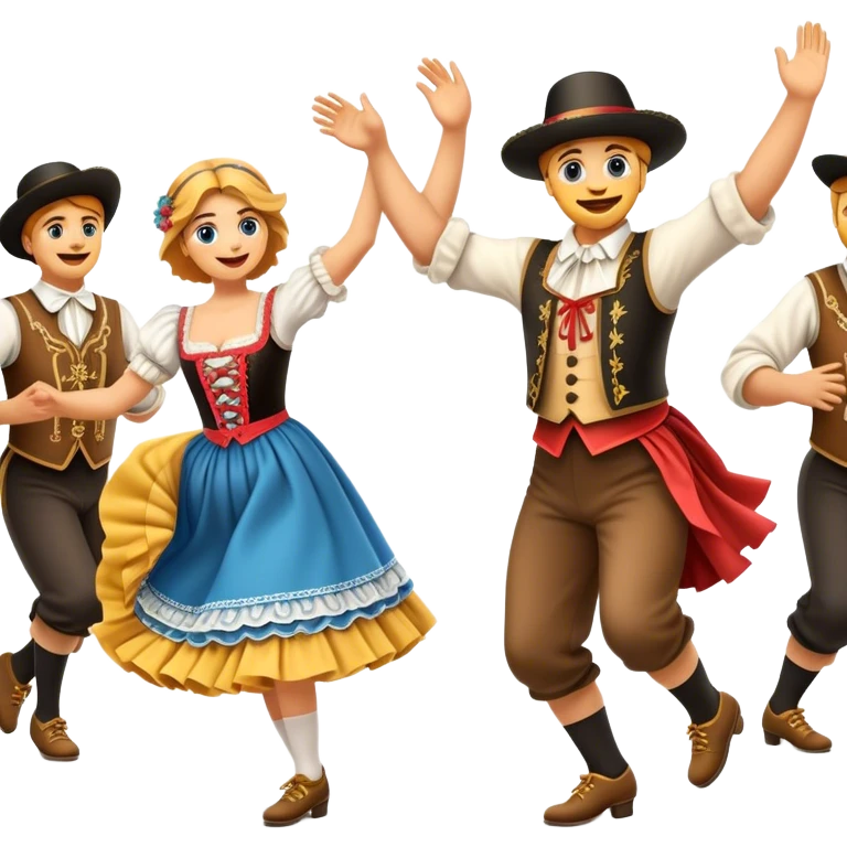 Cinematic Realistic Schuhplattler Dance Emoji, depicted as a lively traditional folk dance scene with performers in authentic Bavarian costumes, rendered with dynamic textures and festive natural lighting that captures the spirit of rural celebration. emoji