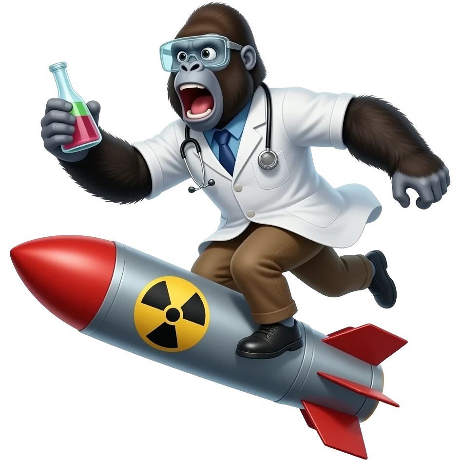 горила науковець летить на ядерній ракеті, ледь не вилітаючи з неї, шерсть розвивається вітром, вона в шоці, кричить emoji