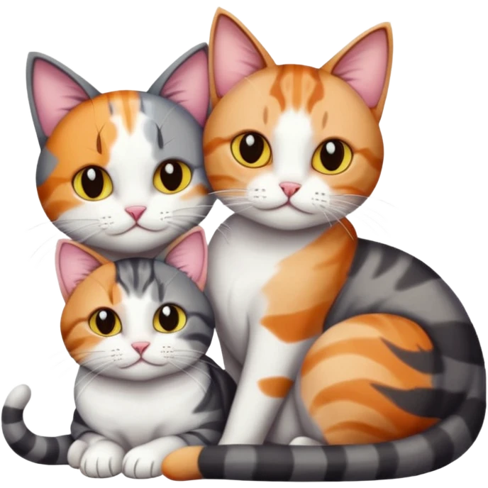 two cats in love, a colourful light patched calico + white tabby cat cuddling a bigger cat that is dark grey and white tabby cat emoji