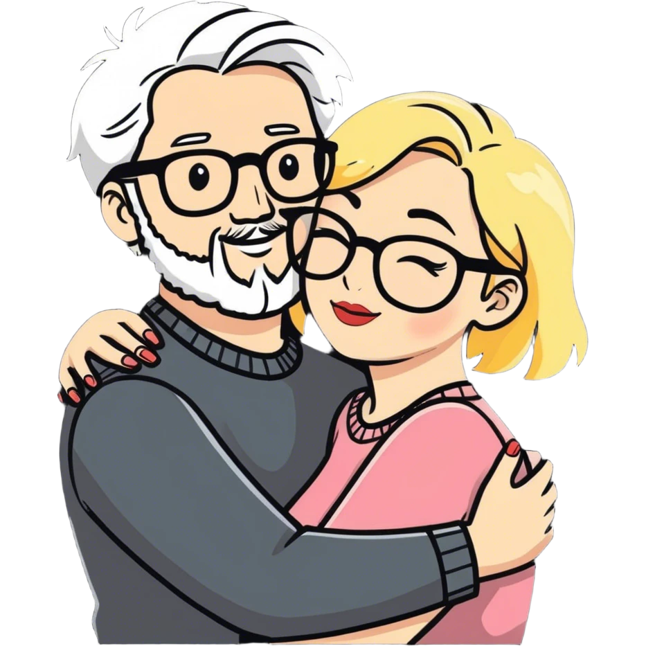 Hyper realistic couple in love, man had greying salt and pepper hair and a shprt beard. The lady is blonde and curvy and wears glasses and makeup emoji