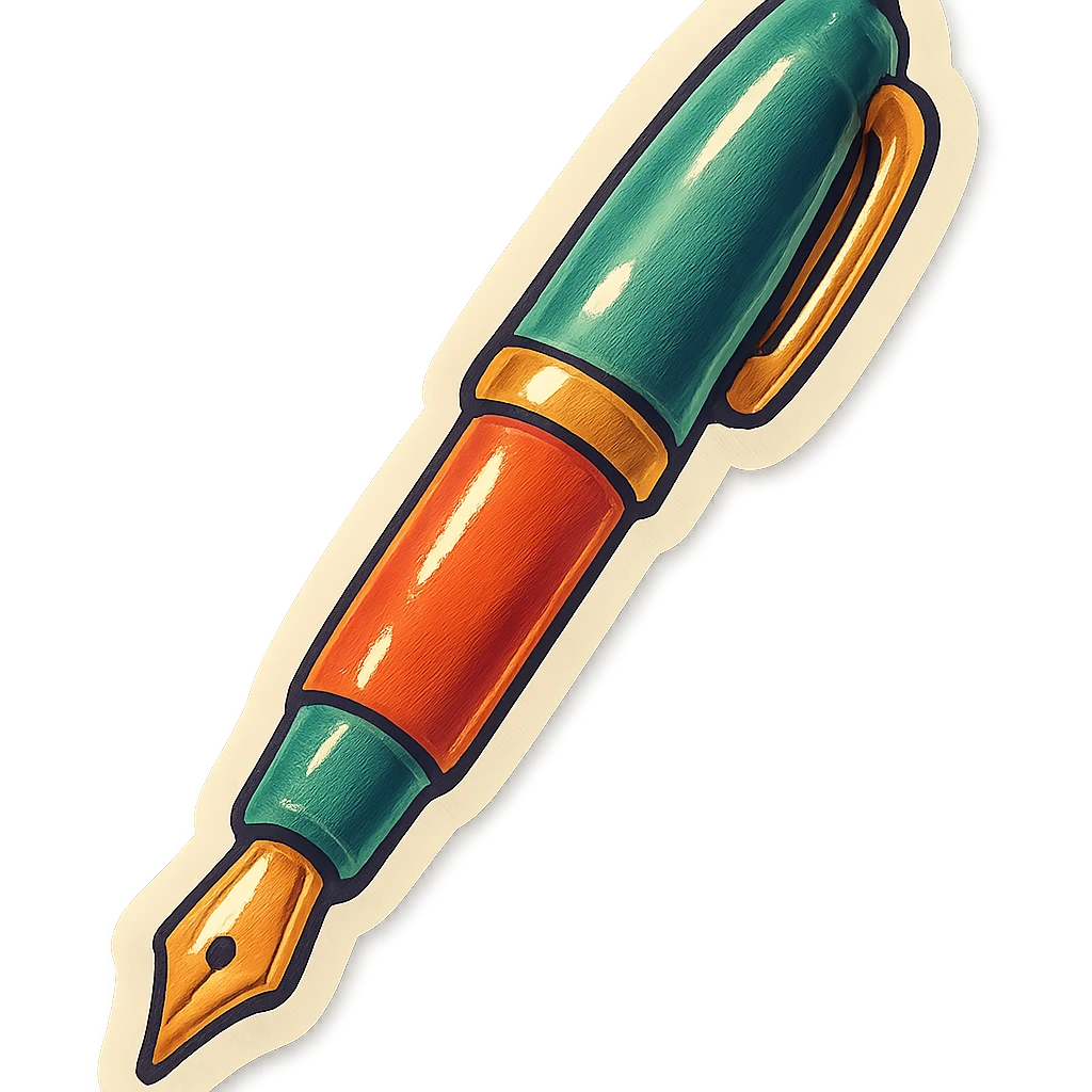 long fountain pen, retro stickers style, soft rounded shapes, expressive contours, vintage color palette, light paper texture, shadows and highlights, transparent background emoji