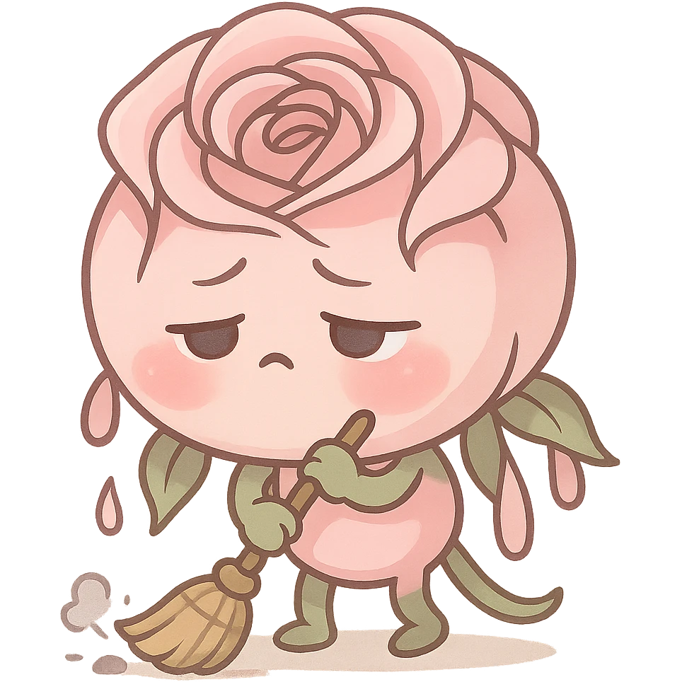 soft pink rose flower, chibi round shape, puffed cheeks, exhausted eyes, drooping petals, sweeping the floor, pastel tones, full-body emoji