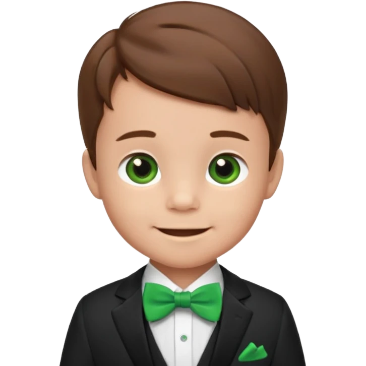 baby cute boy, brown hair in suit, with green bow, smile emoji