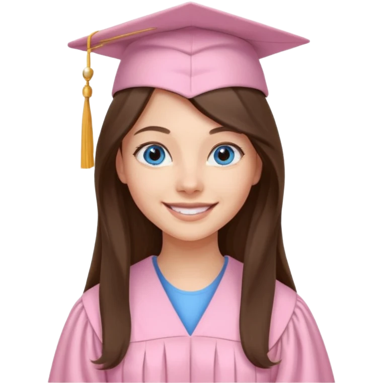 young brunette girl long hair, blue eyes and light pink gown and cap university graduate emoji