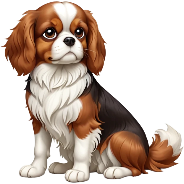 cinematic-[cavalier king charles dog]-realistic-full-body-sitting-emoji,-tail-resting-loosely-beside-its-paws,-head-tilted-dramatically,-scruffy-[brown and white]-fur,-simplified-yet-realistic-focused-features,-highly-detailed,-glowing-with-an-almost-sarcastic-glow emoji