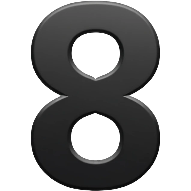 Minimal emoji, number 8 made of solid matte black metal, thick symmetrical form, subtle metal texture, deep shadows, no glow, no neon, flat emoji design, centered, transparent background emoji