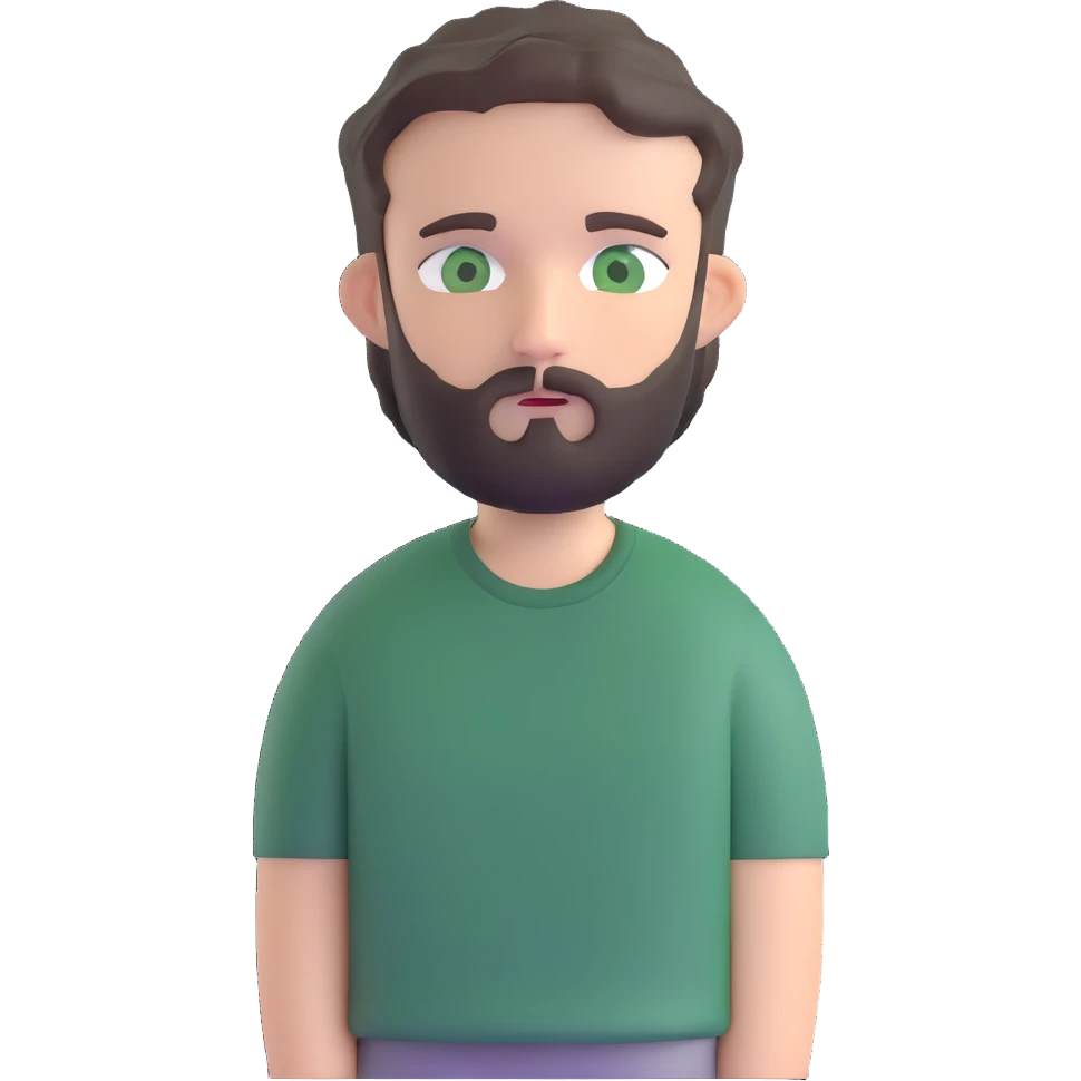 white man with dark messy short hair, dark green eyes, gray t-shirt, and short beard emoji